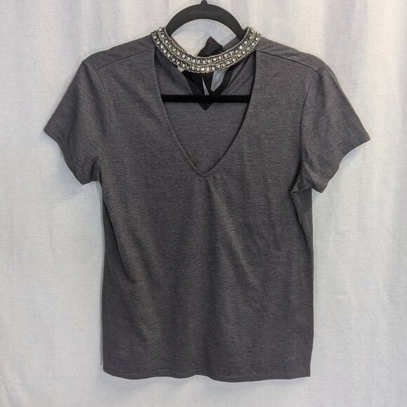 Boston Proper XS Gray Tee with Bejeweled Neck - Picture 1 of 13